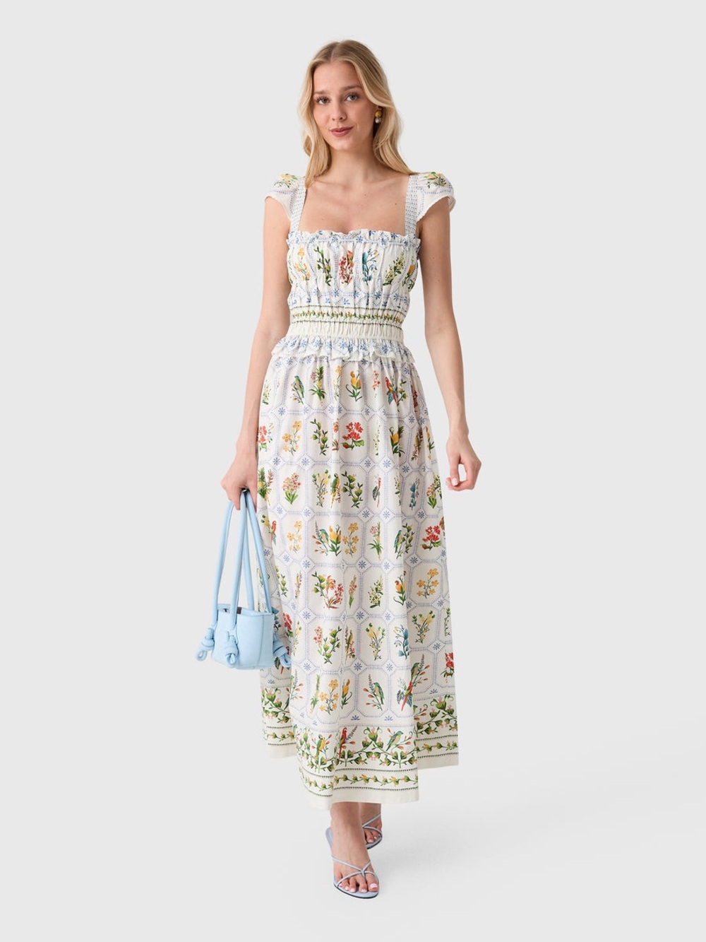 NEW FARM RIO tropical porcelain organic cotton maxi dress in off-white Size XS